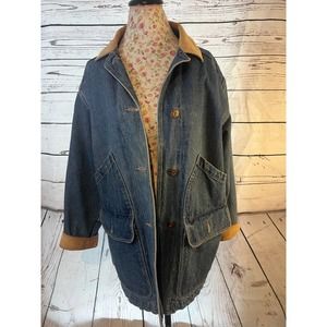 Vtg Eddie Bauer Denim Barn Chore Coat Women Trucker Jacket M Corduroy Collar